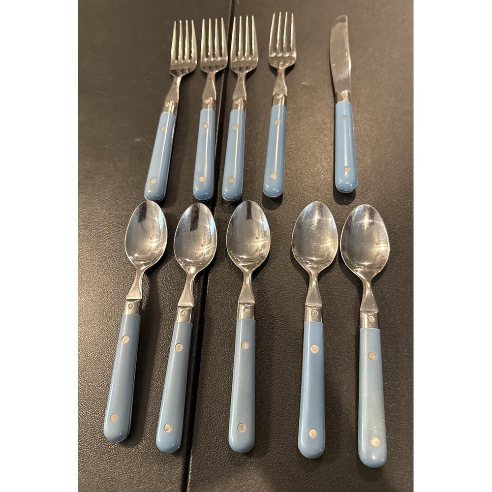 Interpur Korea Stainless Flatware Blue Handles 10 Piece Variety Vintage MCM